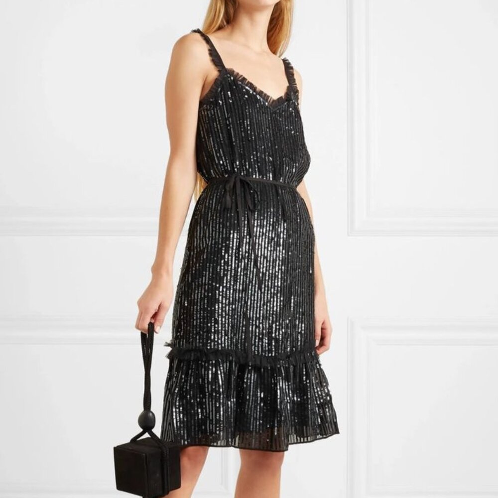 NWT NEEDLE & THREAD Sequined Tulle-Trimmed Sparkle Party Dress - M, Black